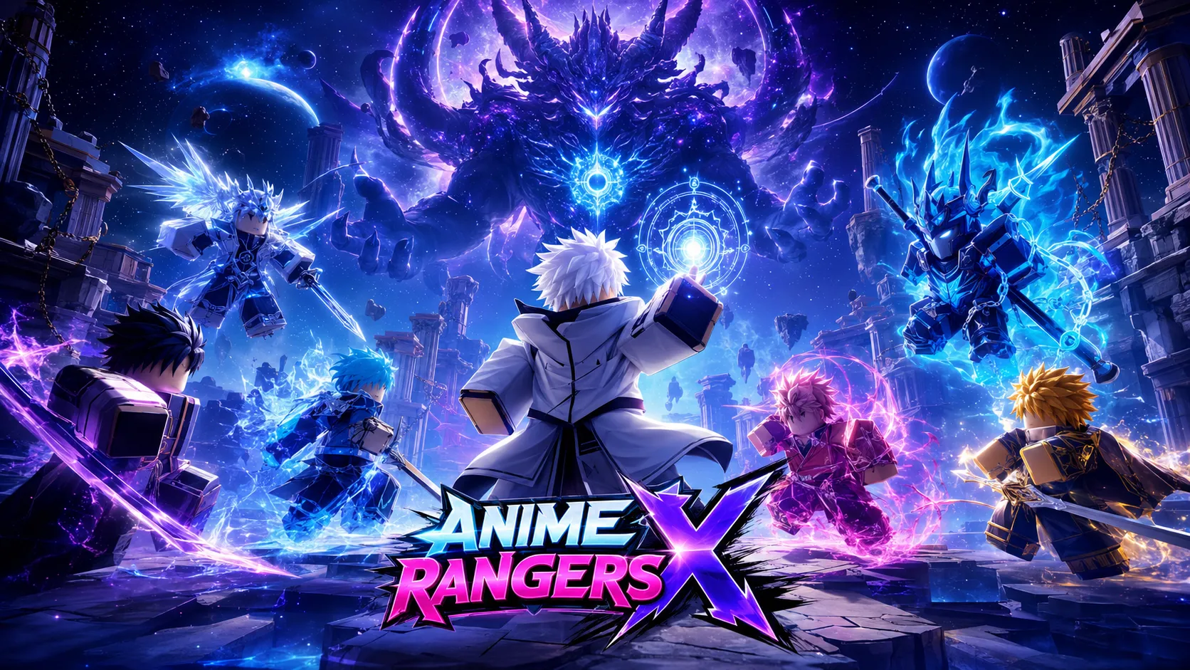 Nhóm nhân vật anime dàn trận đối đầu quái vật tím khổng lồ giữa tàn tích đá lơ lửng trong Anime Rangers X