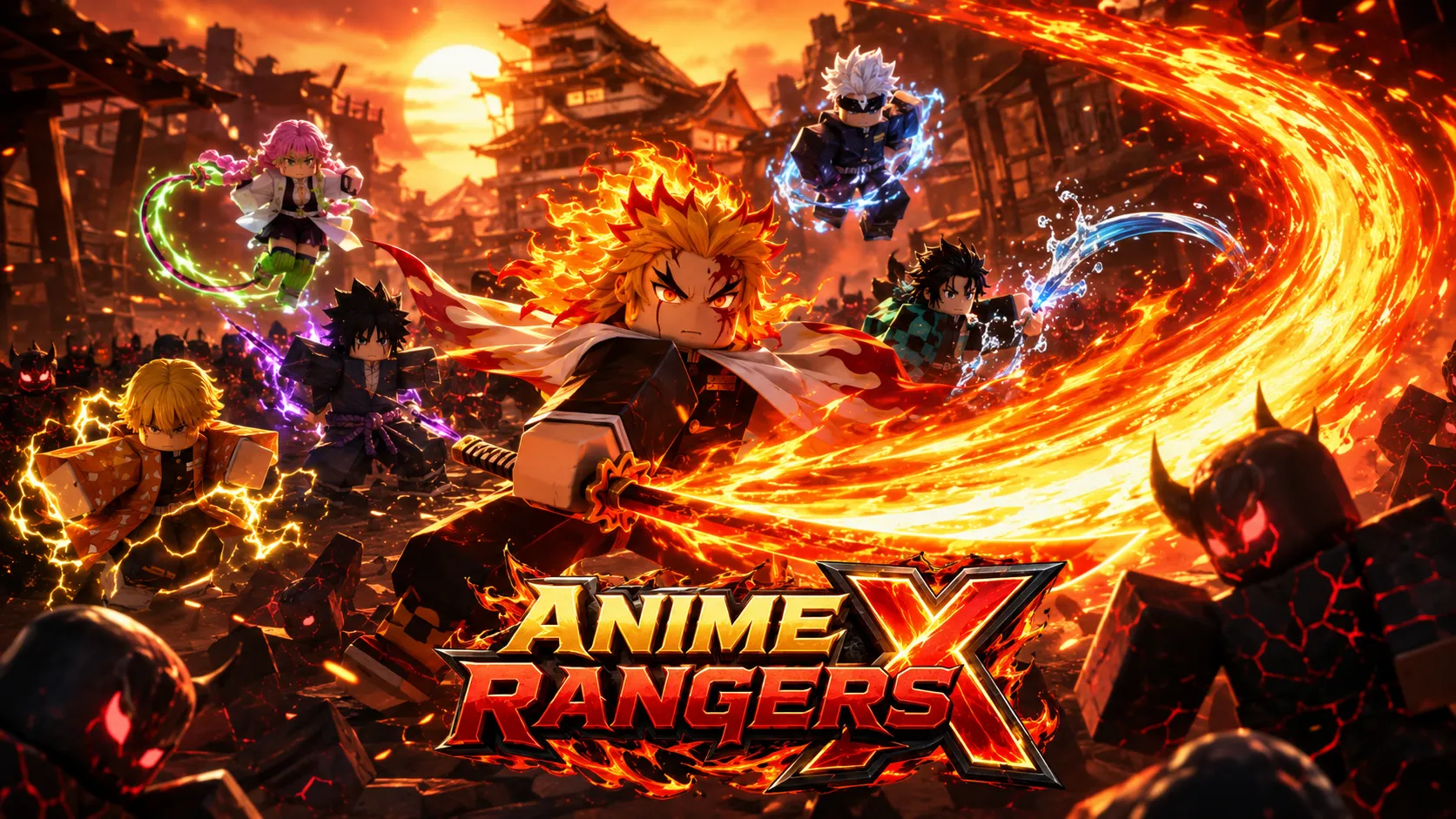 Nhóm nhân vật anime khối hộp thi triển chiêu thức kiếm lửa và điện quang chống lại quái vật bóng tối trên đường phố hoàng hôn trong Anime Rangers X