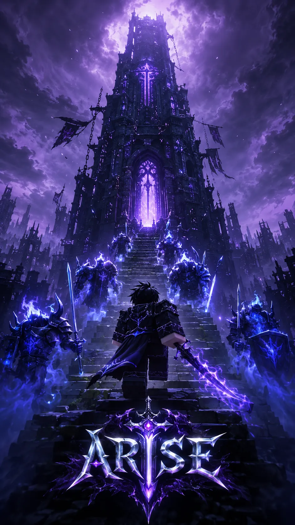 Nhân vật tóc đen cầm kiếm sáng tím đứng trên bậc thang hướng về tháp gothic giữa hàng chiến binh giáp gai và logo ARISE