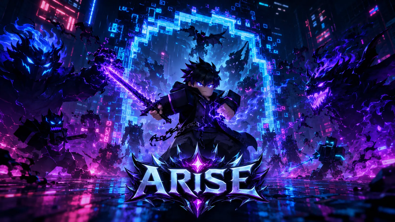 Chiến binh cầm kiếm phát tia sét tím đứng trước cổng vuông neon xanh và logo ARISE