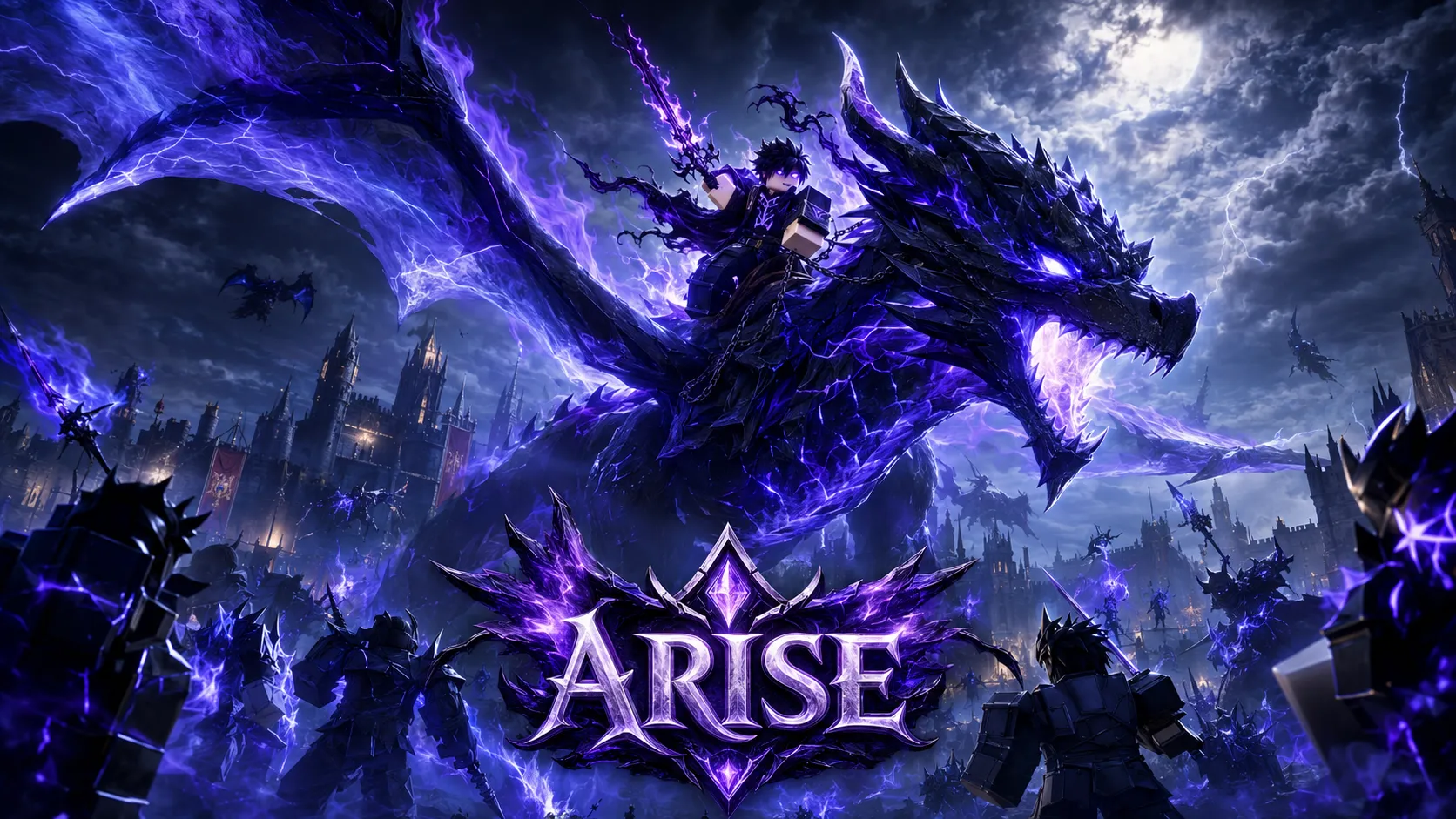 Kỵ sĩ tóc đen cưỡi rồng gai đen tím khổng lồ đang gầm thét giữa bão đêm và logo ARISE