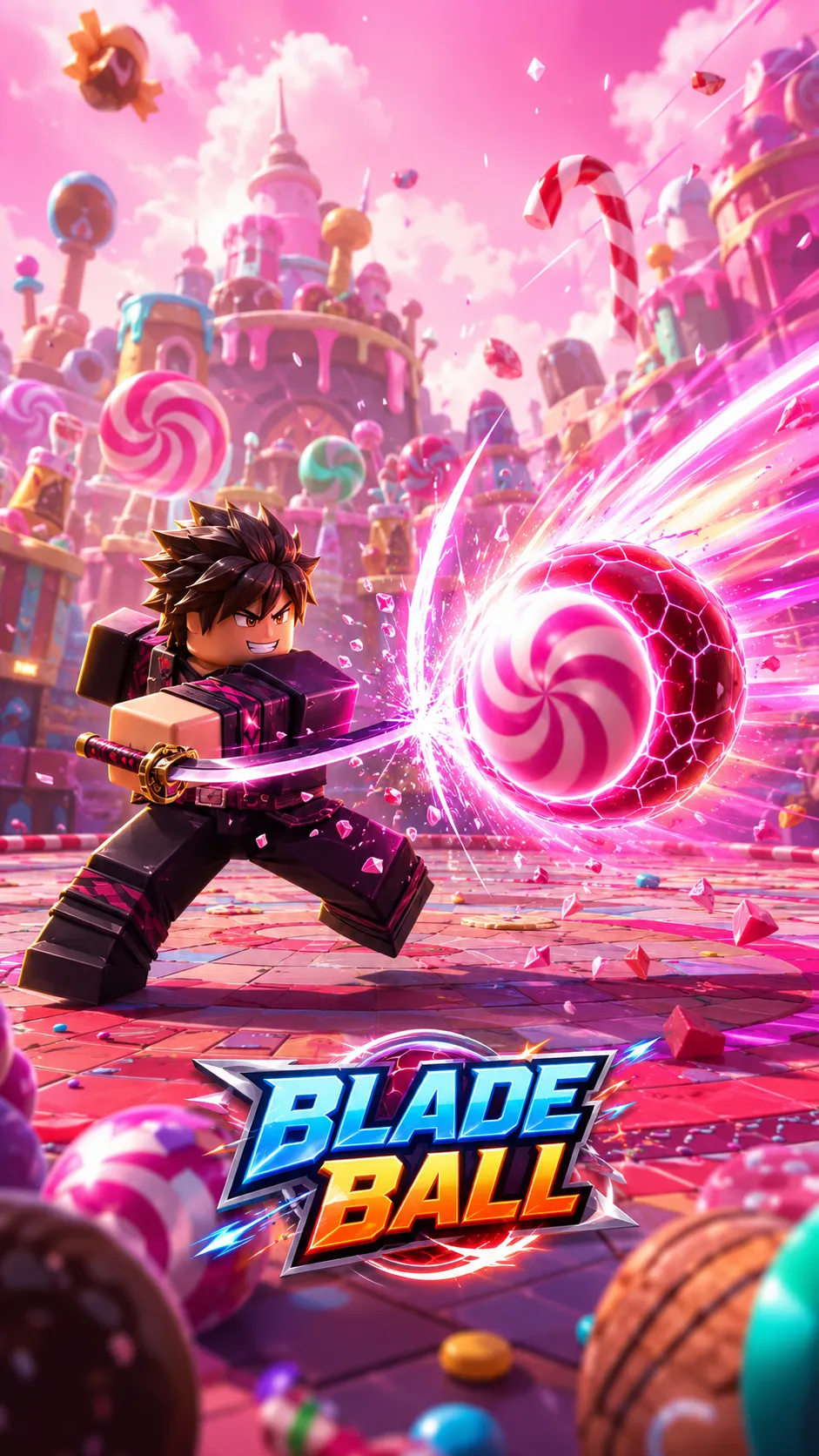 Nhân vật Blade Ball tóc đen vung kiếm chém quả cầu kẹo phát sáng giữa vương quốc kẹo ngọt