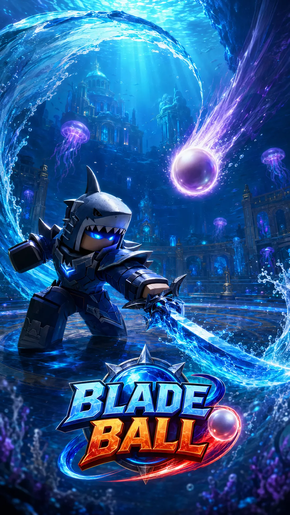 Chiến binh Blade Ball đội mũ cá mập vung kiếm tạo sóng nước chặn quả cầu tím dưới thủy cung cổ