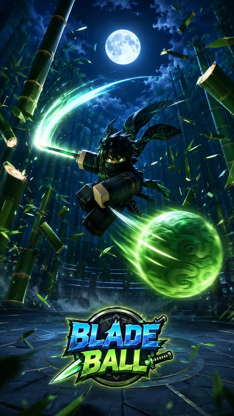 Chiến binh ninja bịt mặt vung kiếm chém tre và đối đầu quả cầu năng lượng xanh trong rừng tre dưới trăng tròn