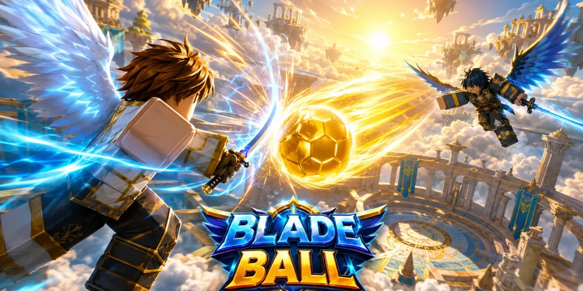 Hai chiến binh có cánh cầm kiếm đối đầu quanh quả bóng vàng phát sáng trên đấu trường nổi Blade Ball Roblox