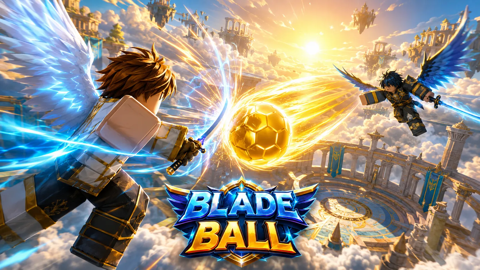 Hai chiến binh có cánh cầm kiếm đối đầu quanh quả bóng vàng phát sáng trên đấu trường nổi Blade Ball Roblox