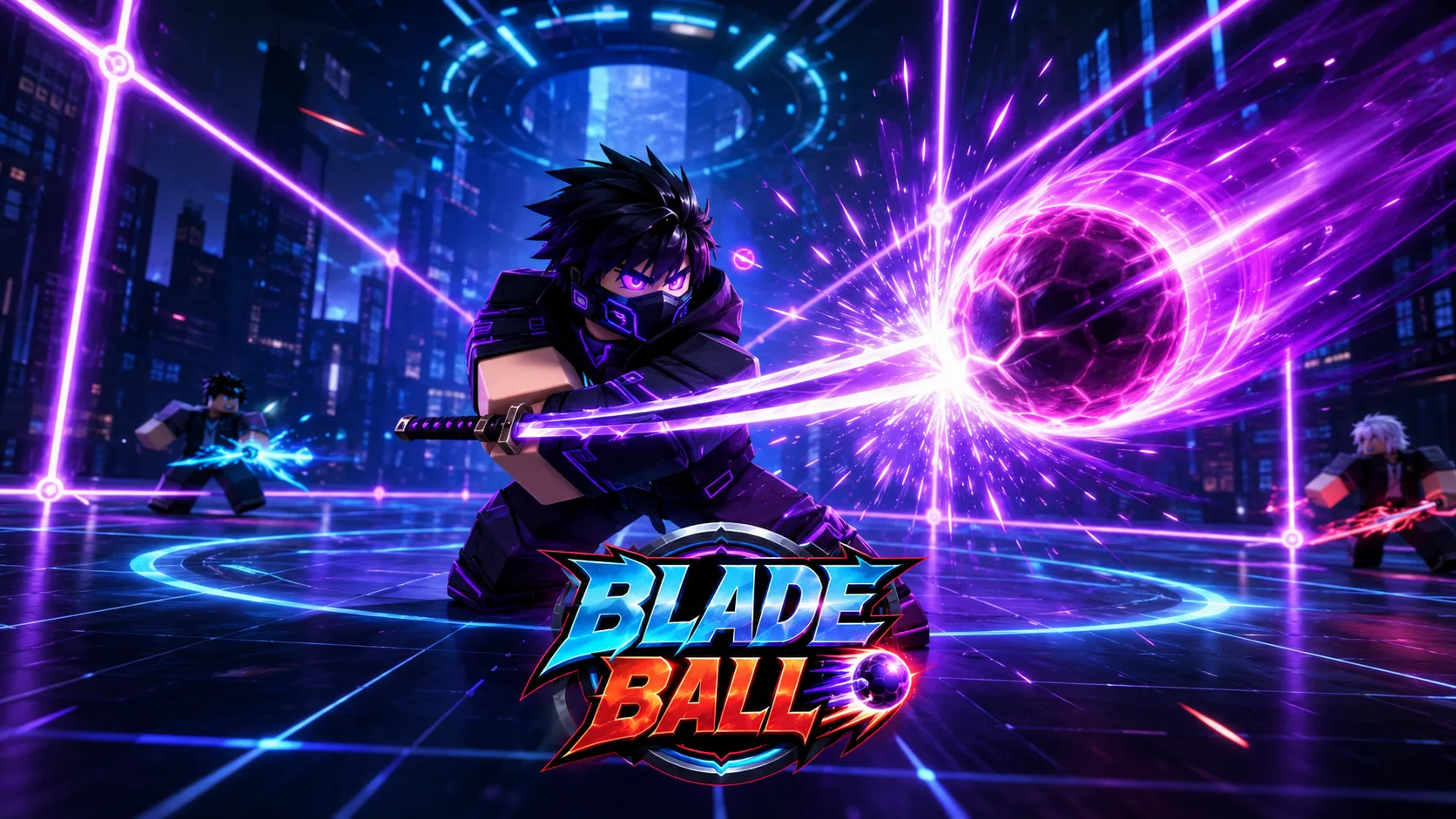 Nhân vật mắt tím vung kiếm năng lượng tím chặn quả bóng chia mảng trong đấu trường neon Blade Ball