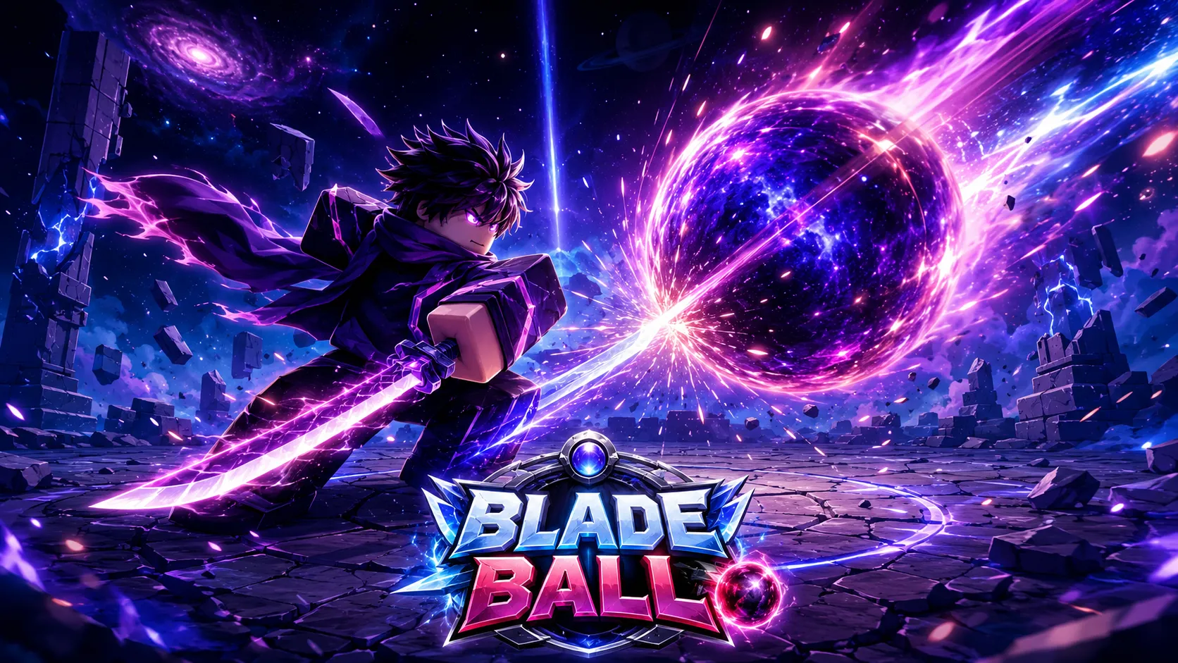 Chiến binh anime cầm kiếm phát sáng tím hướng về quả cầu năng lượng khổng lồ giữa không gian vũ trụ và tàn tích đá trong Blade Ball