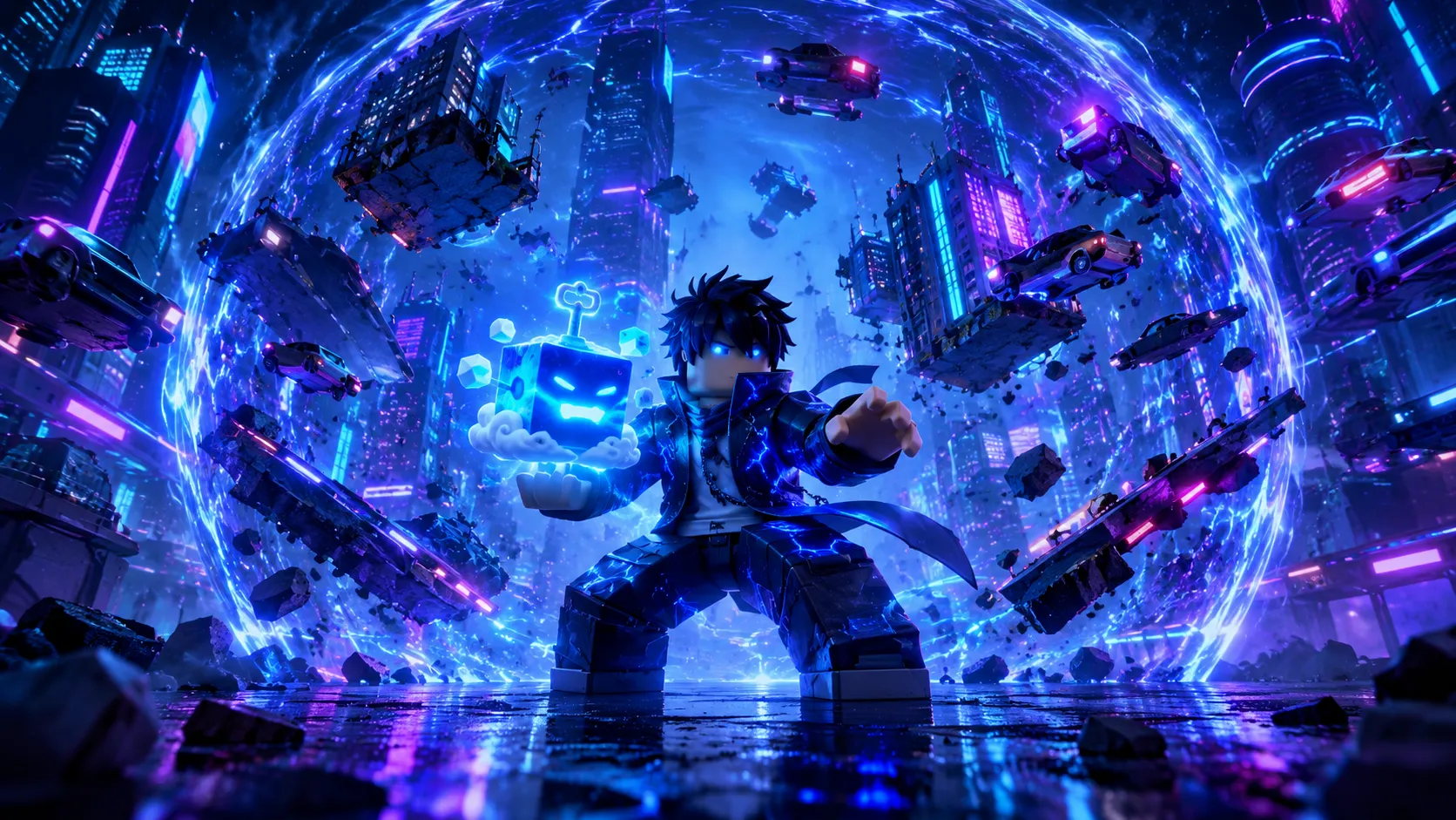 Nhân vật Roblox đứng giữa thành phố tương lai neon xanh tím, xe bay và mảnh vỡ lơ lửng trên màn hình PC ngang