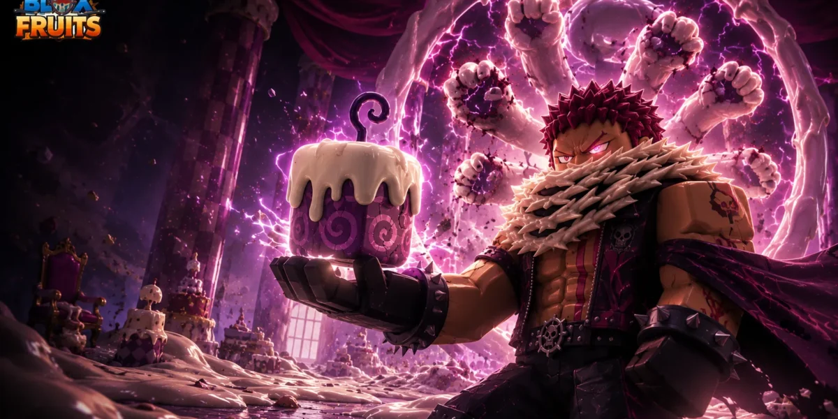 Katakuri dạng khối quàng khăn giơ trái Dough vuông tím phát sáng, phía sau là vòng nắm đấm và tia điện tím.