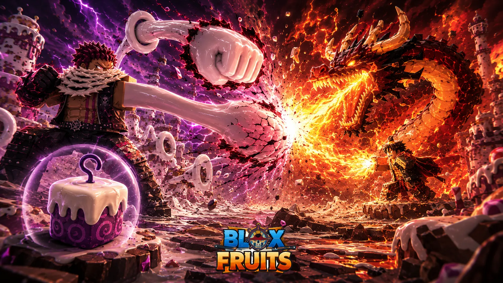 Hình nền desktop Roblox Blox Fruits với Katakuri tung đòn Mochi vào rồng lửa giữa chiến trường đỏ tím