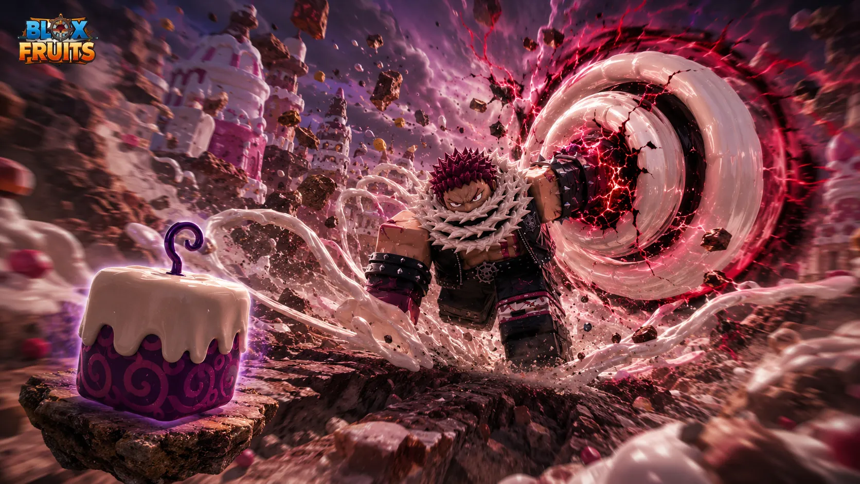 Katakuri phong cách Roblox phóng nắm đấm mochi xoáy khổng lồ, kèm sét đỏ đen trên nền đất nứt.