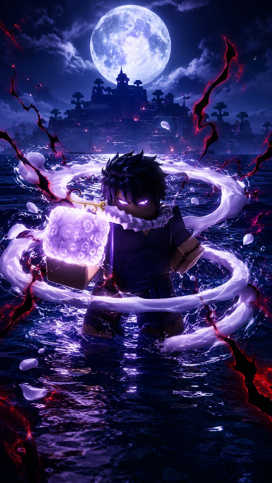Nhân vật Roblox đứng trên mặt nước, cầm trái vuông tím phát sáng trước đảo tối dưới trăng tròn.