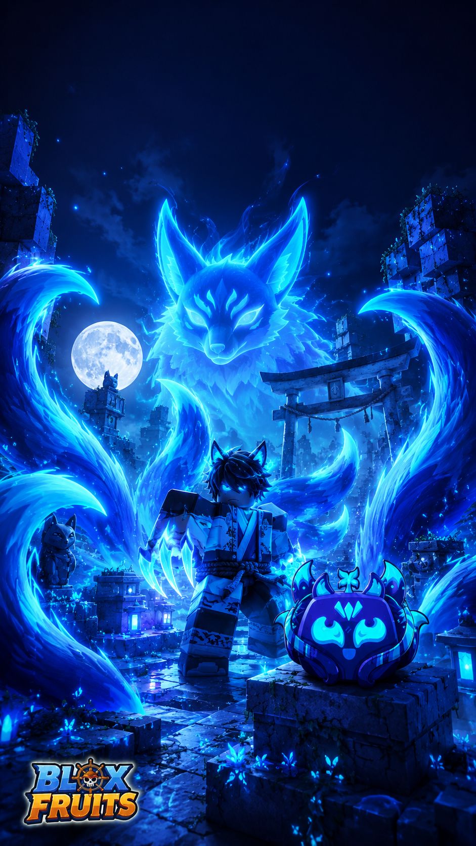 Nhân vật Roblox mặc kimono đứng thủ thế với vuốt xanh trước linh hồn cáo chín đuôi khổng lồ tại đền cổ.