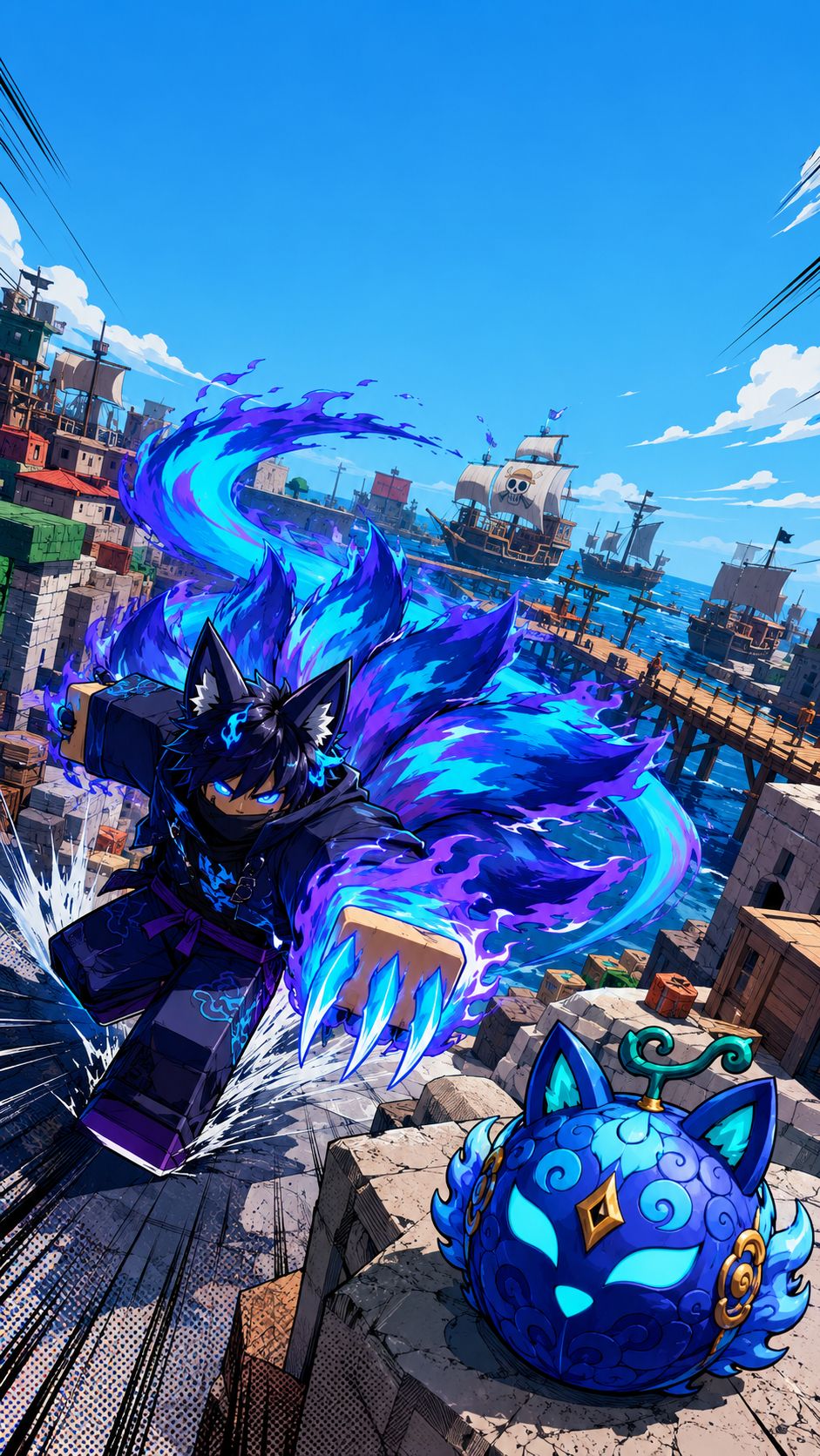 Hình nền dọc Roblox Blox Fruits với nhân vật dùng năng lượng xanh bên trái và Trái Kitsune trước bến cảng