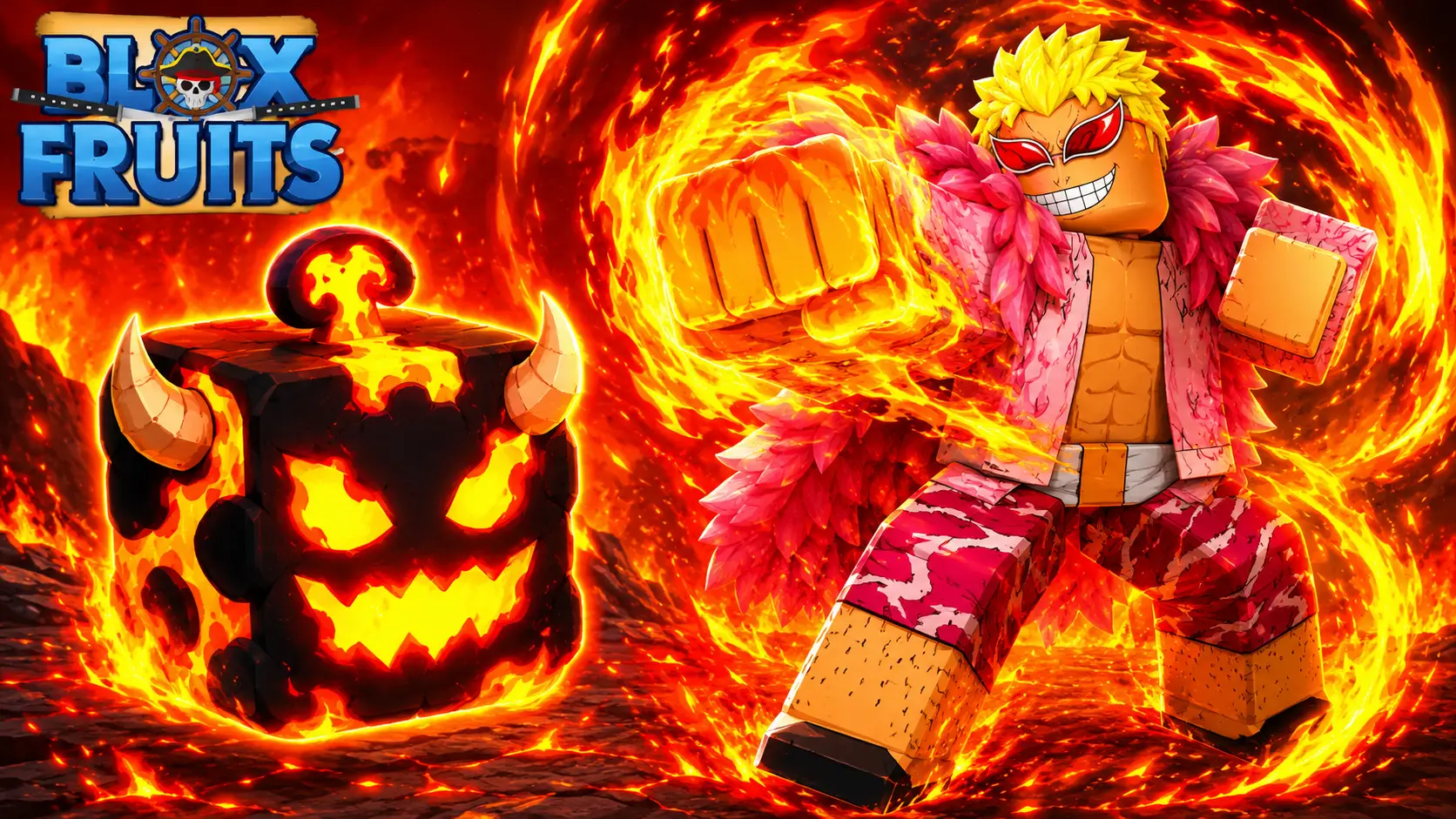 Nhân vật Doflamingo phong cách Roblox tung nắm đấm bọc lửa vàng cam cạnh khối trái ác quỷ màu đen.