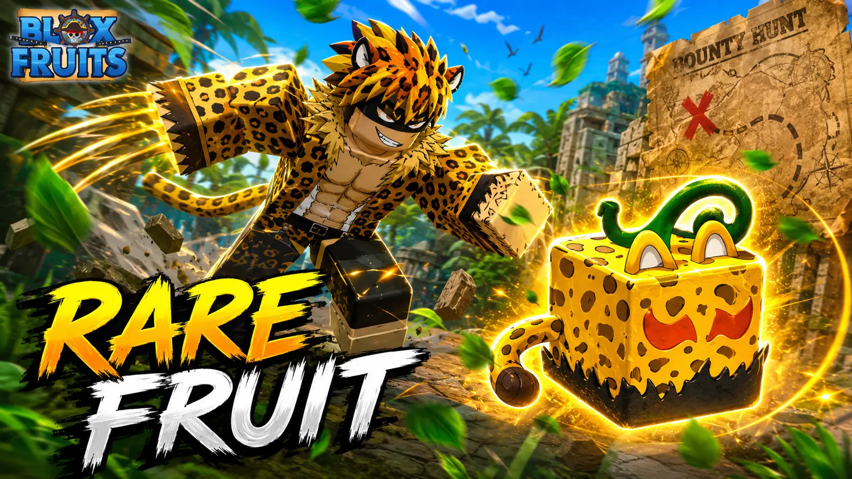 Nhân vật Roblox mặc trang phục báo gấm đeo mặt nạ đen lao tới với các vệt vuốt vàng, cạnh trái cây khối đốm vàng.