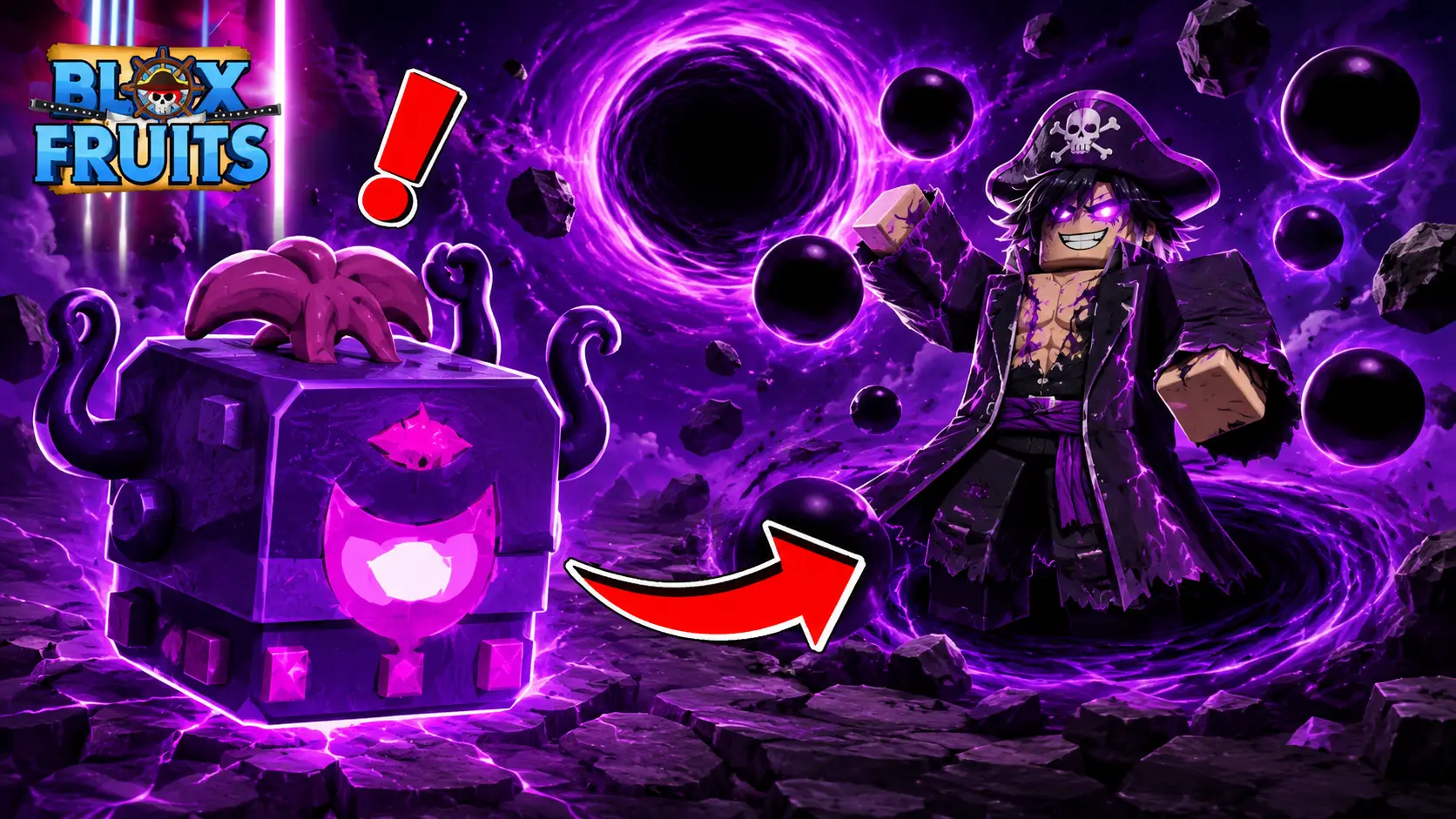 Nhân vật cướp biển Roblox mắt phát sáng giơ tay trước hố đen tím, bên cạnh khối trái ác quỷ có tua.