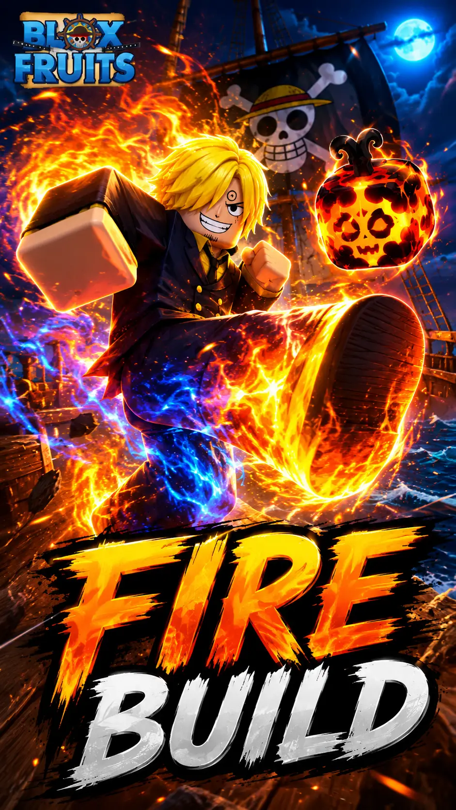 Nhân vật Sanji dạng Roblox tóc vàng mặc vest xanh đen tung cú đá về phía trước, tạo luồng lửa cam đỏ pha xanh dưới trăng tròn.