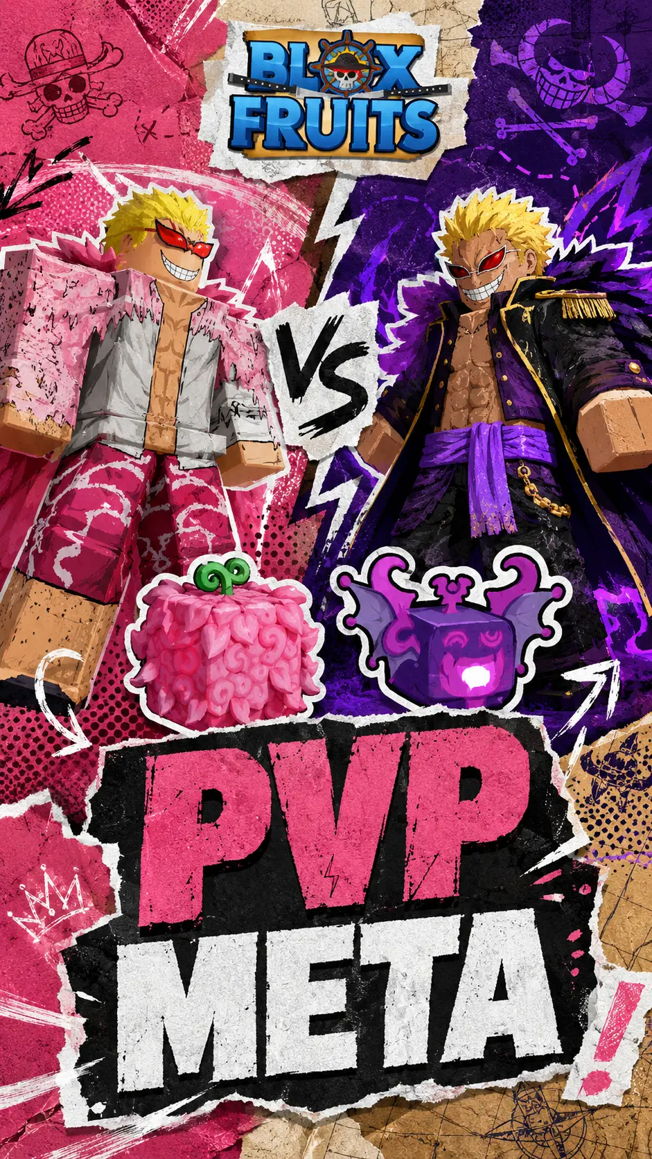 Hai nhân vật Roblox mặc áo khoác hồng và đen tím đứng hai bên chữ VS trên nền giấy xé chéo.