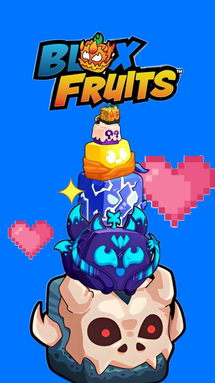Logo Blox Fruits kết hợp cùng các khối vật thể hoạt hình xếp chồng trên đầu lâu mắt đỏ viền xanh, nổi bật giữa phông nền màu lam phẳng.