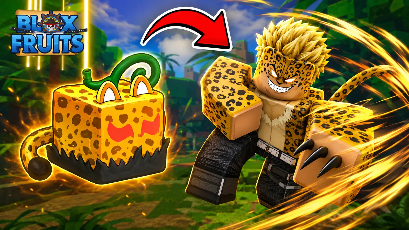 Trái cây khối vàng đốm báo ở bên trái, mũi tên đỏ chỉ tới nhân vật Roblox tóc vàng lao đi với móng vuốt đen.