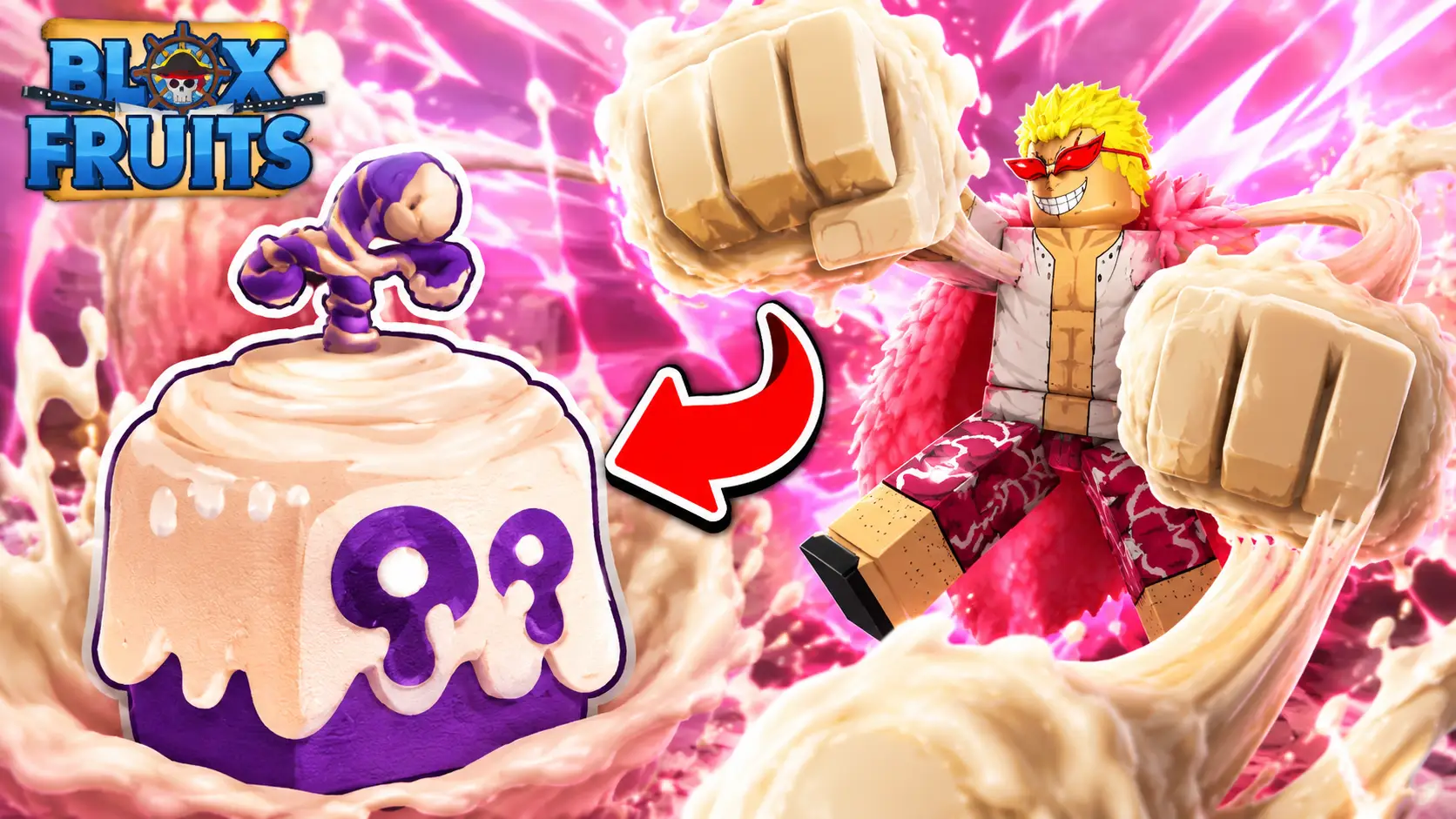 Nhân vật Roblox tóc vàng đeo kính đỏ vung hai nắm đấm mochi khổng lồ bên cạnh quả Blox Fruit phủ kem.