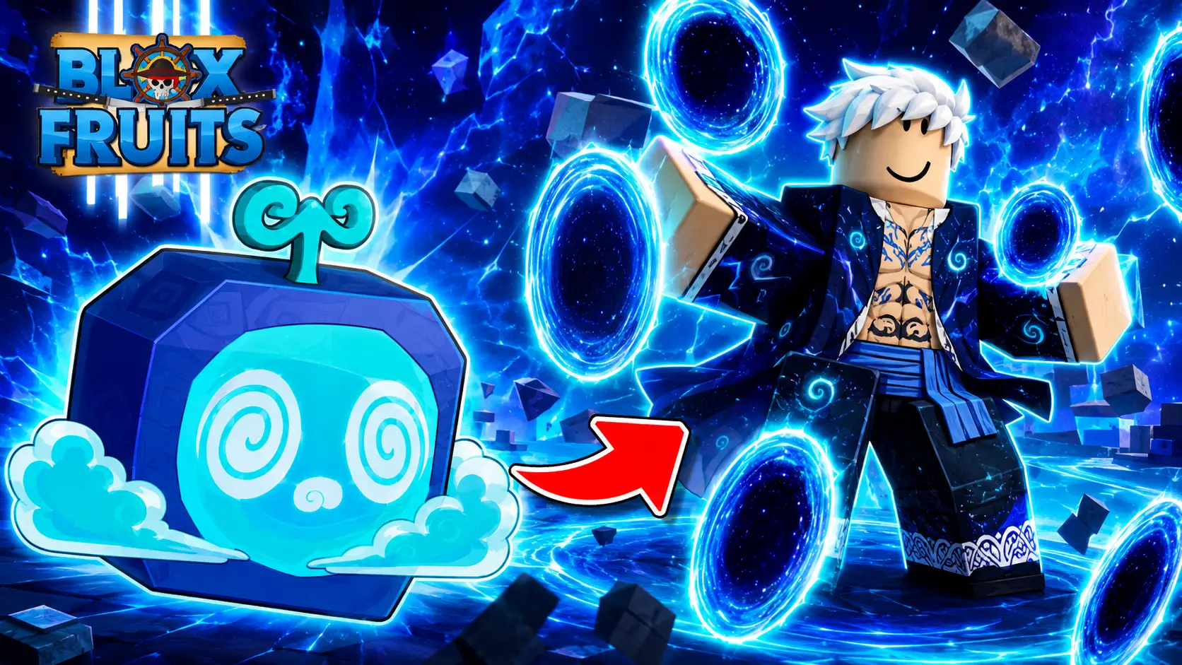 Nhân vật Roblox tóc trắng mở áo, để lộ hình xăm ngực, đứng cạnh hiệu ứng cổng xanh dương và trái Portal dạng khối ở bên trái.