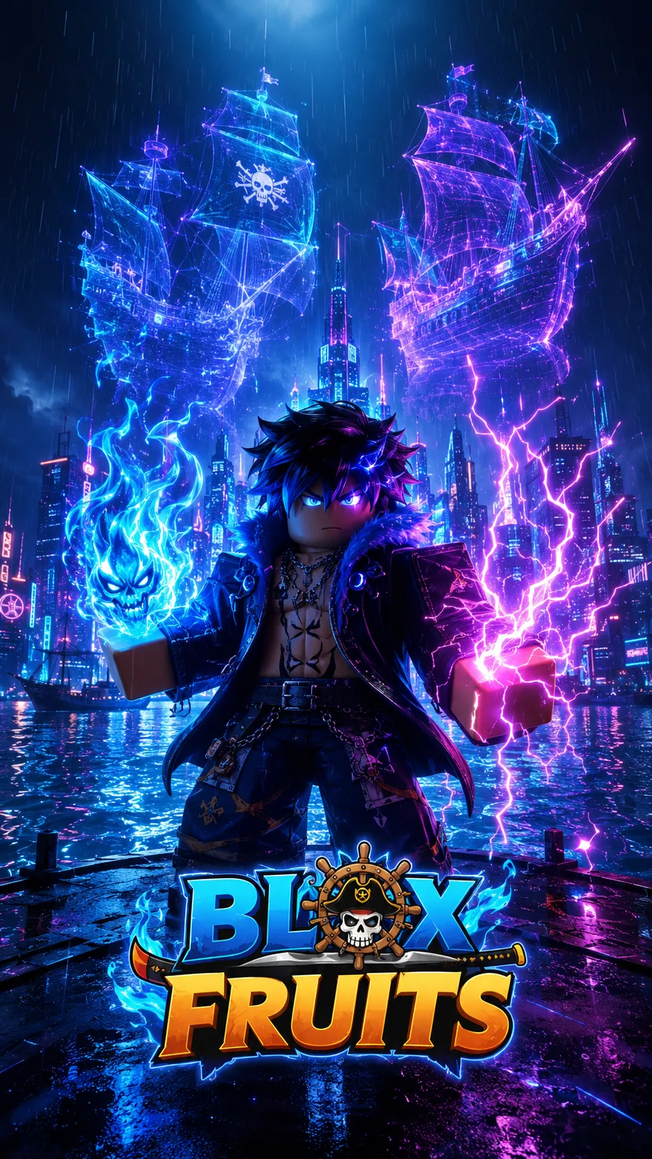 Nhân vật Roblox cầm năng lượng xanh và tím giữa thành phố neon, hình nền dọc cho điện thoại 941x1672