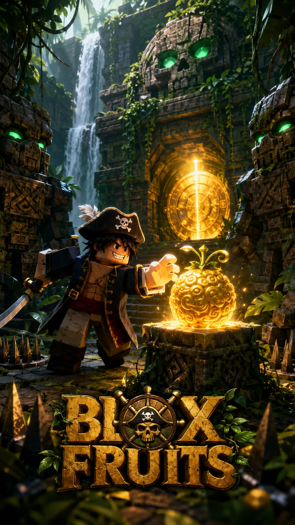 Hình nền Blox Fruits dọc với nhân vật hải tặc bên quả cầu phát sáng trong đền rừng Roblox