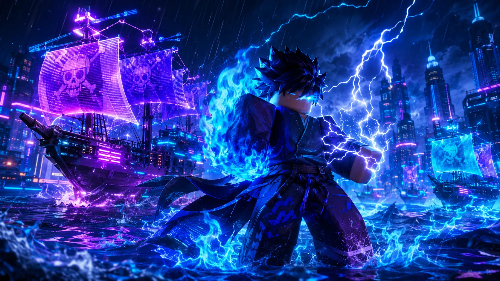 Nhân vật Roblox đứng giữa sóng nước phát sáng, tàu cướp biển và sấm chớp trong cảnh nền máy tính 1672x941