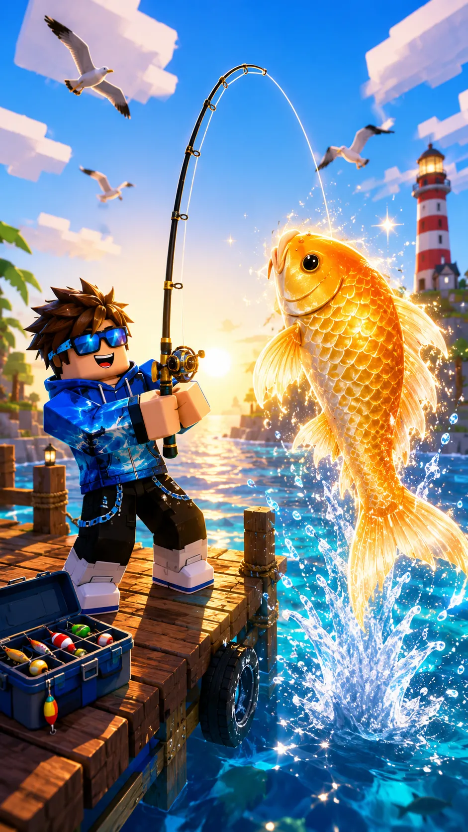 Nhân vật Roblox câu cá vàng phát sáng trên cầu tàu, cạnh ngọn hải đăng giữa biển xanh, hình nền dọc cho điện thoại