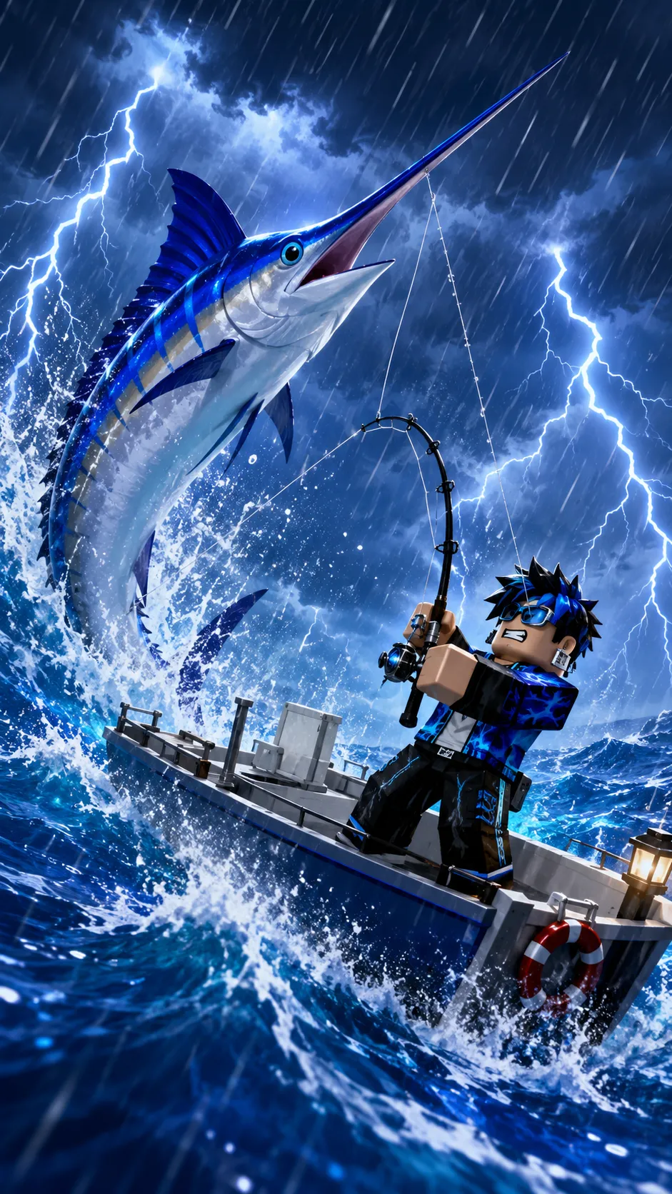 Nhân vật Roblox câu cá trên thuyền giữa biển động, đối đầu cá kiếm dưới bầu trời sấm chớp; hình nền dọc cho điện thoại.