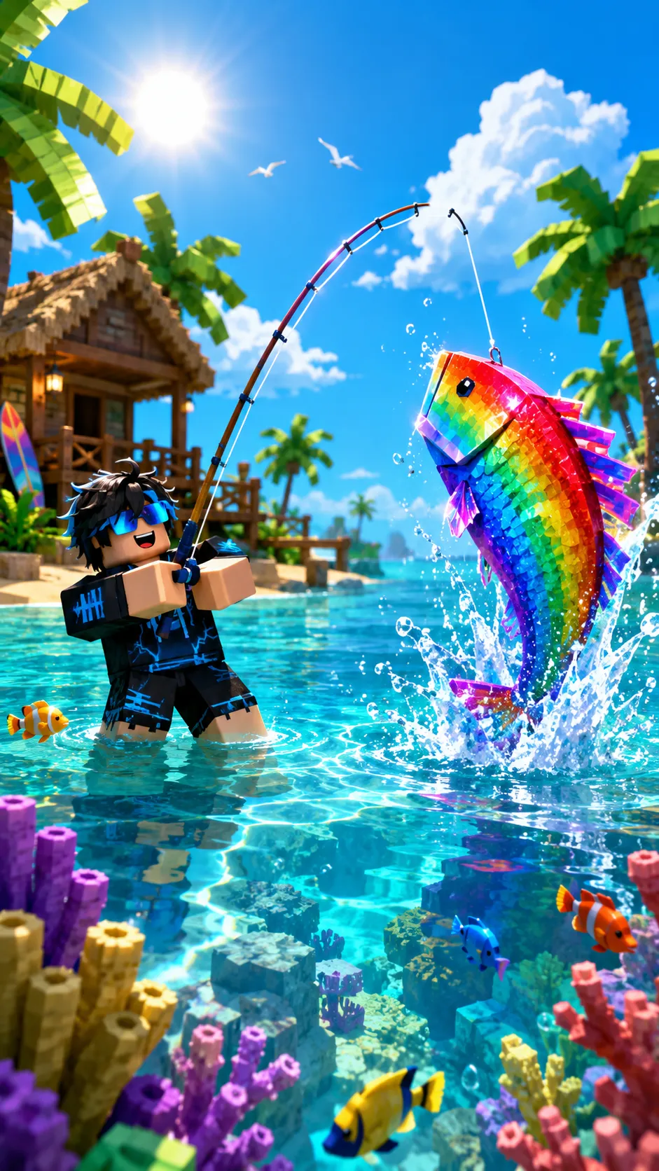 Nhân vật Roblox câu cá cầu vồng giữa biển nhiệt đới, hình nền dọc cho điện thoại