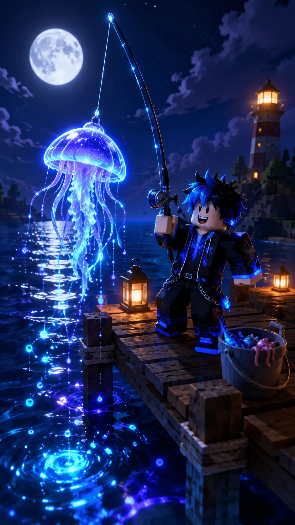Nhân vật Roblox câu sứa phát sáng trên cầu cảng dưới trăng, phong cảnh biển đêm dọc màn hình điện thoại