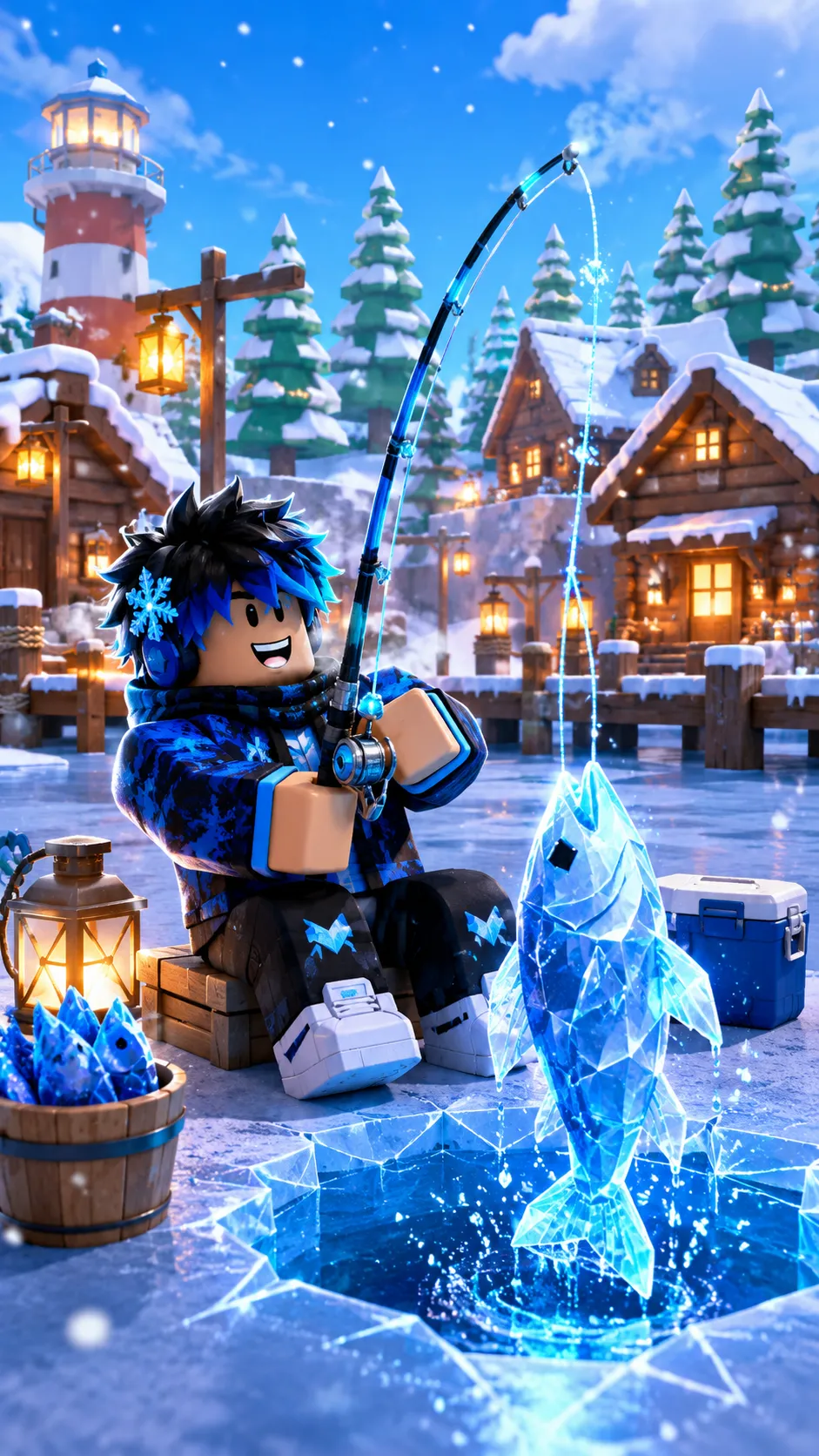 Nhân vật Roblox câu cá trên hồ băng giữa làng tuyết, phù hợp làm hình nền điện thoại dọc 941x1672