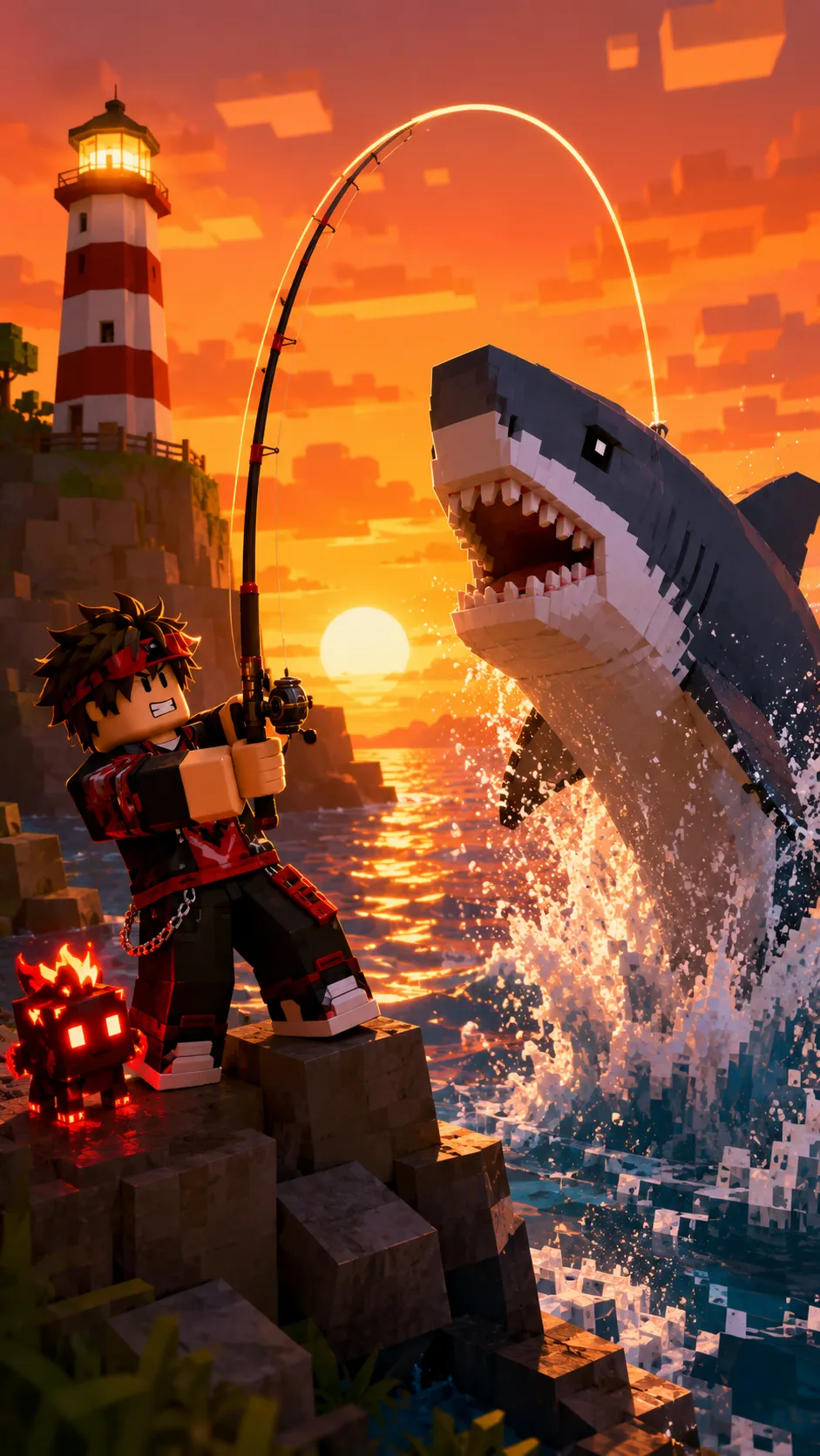 Nhân vật Roblox câu cá khi cá mập vọt khỏi biển lúc hoàng hôn, cạnh ngọn hải đăng, hình nền dọc cho điện thoại