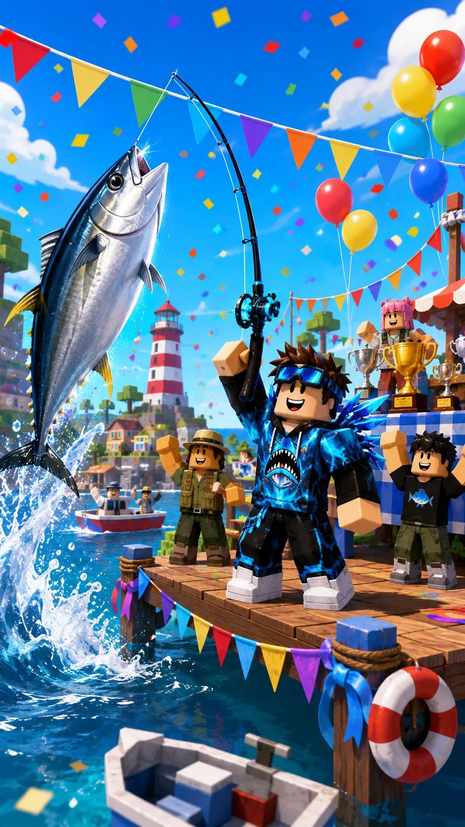 Nhân vật Roblox câu cá trên cầu cảng lễ hội, cá lớn vọt khỏi biển xanh, hình nền dọc cho điện thoại