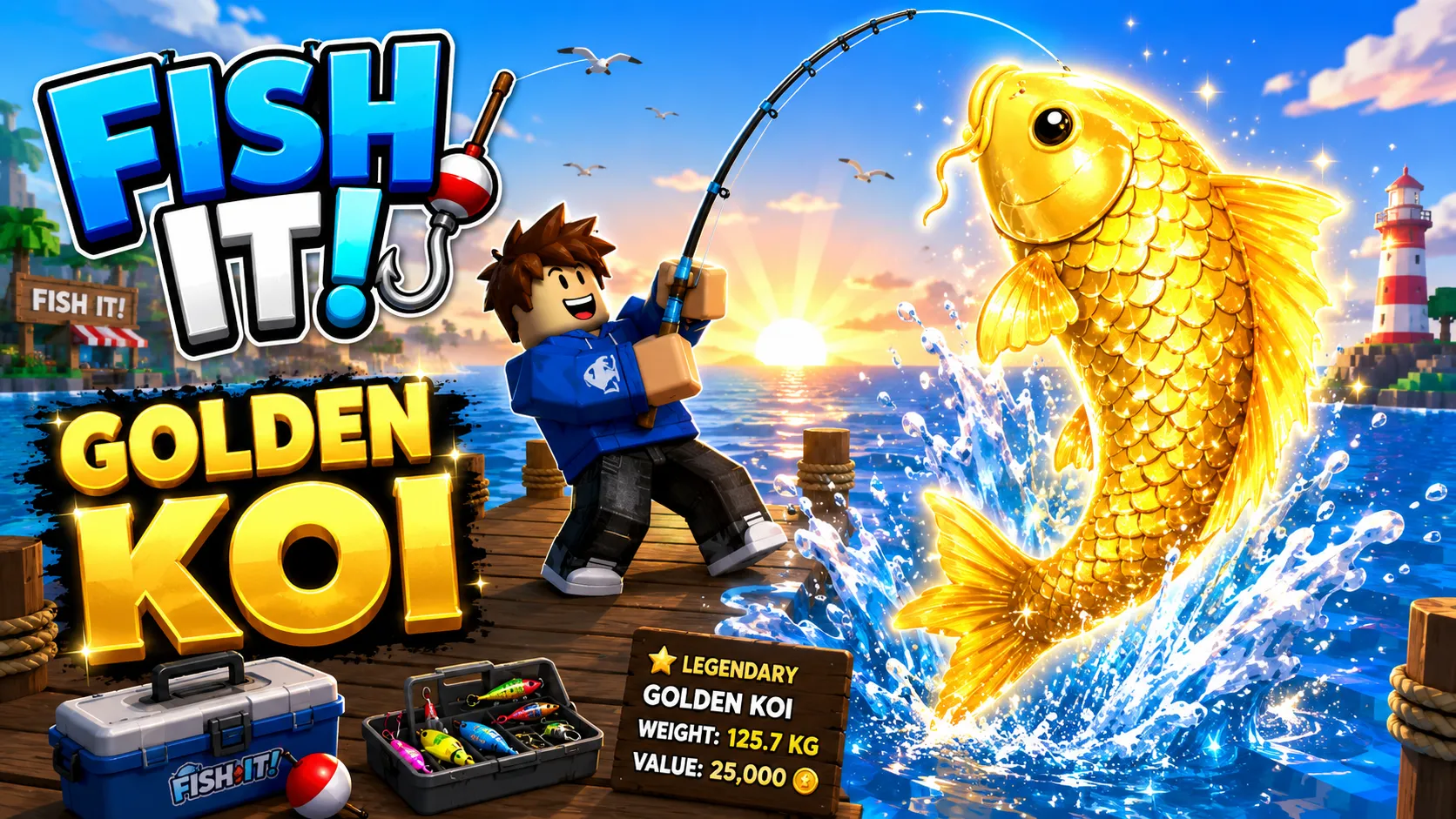 Nhân vật khối áo xanh kéo cần câu dính cá koi vàng Golden Koi vọt lên khỏi mặt nước hoàng hôn