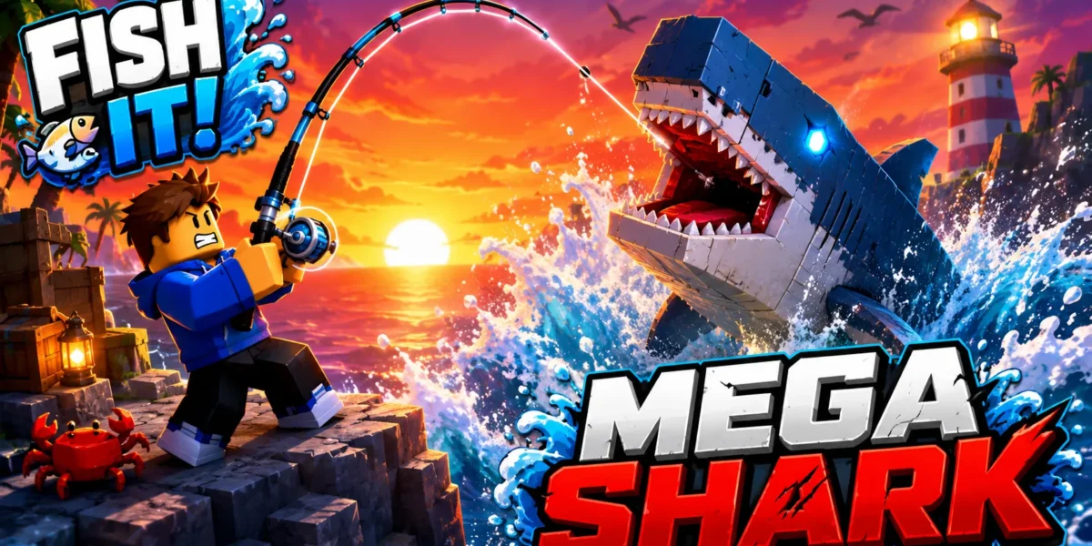 Nhân vật khối áo xanh câu cá mập máy Mega Shark khổng lồ trồi lên khỏi mặt biển lúc hoàng hôn