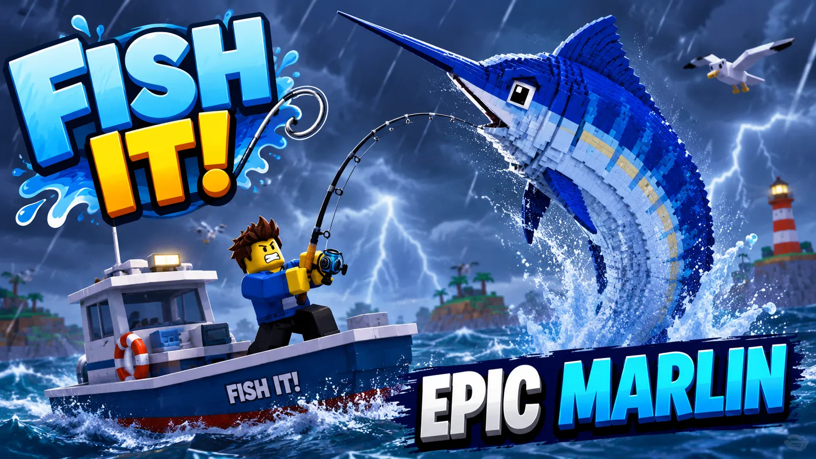 Hình nền Roblox Fish It với người câu cá trên thuyền, cá cờ khổng lồ và biển giông sét, dành cho PC 1672x941