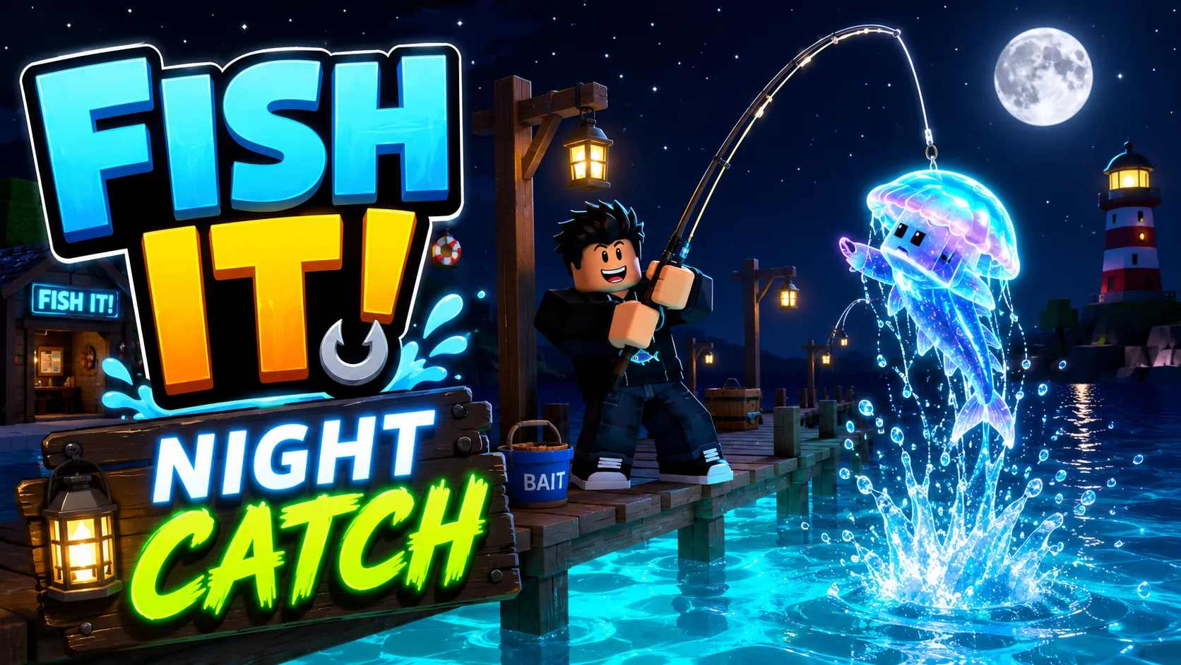 Hình nền Roblox Fish It! cảnh avatar câu cá ban đêm bên sứa phát sáng, hải đăng và trăng tròn cho PC