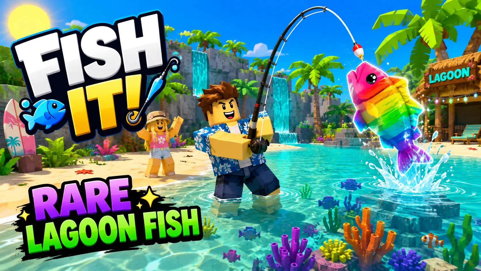 Nhân vật khối áo hoa kéo cần câu dính cá cầu vồng Lagoon Fish nhảy khỏi mặt nước đầm nhiệt đới