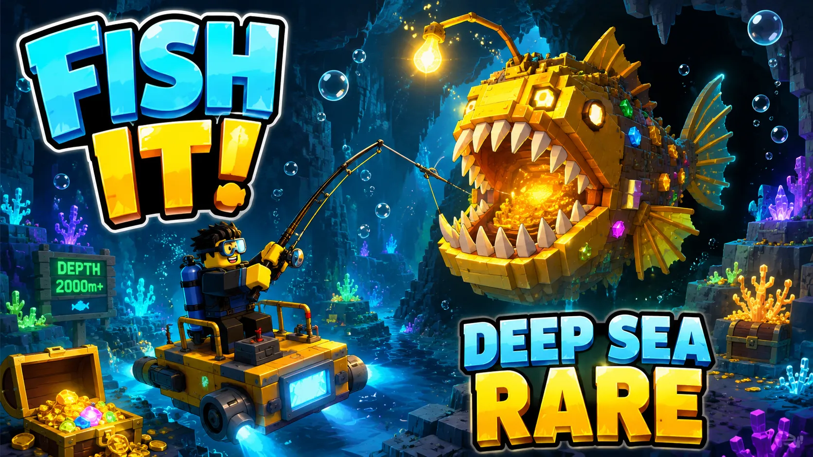 Hình nền Roblox Fish It với người chơi câu cá trước quái vật biển sâu phát sáng trên PC 1672x941