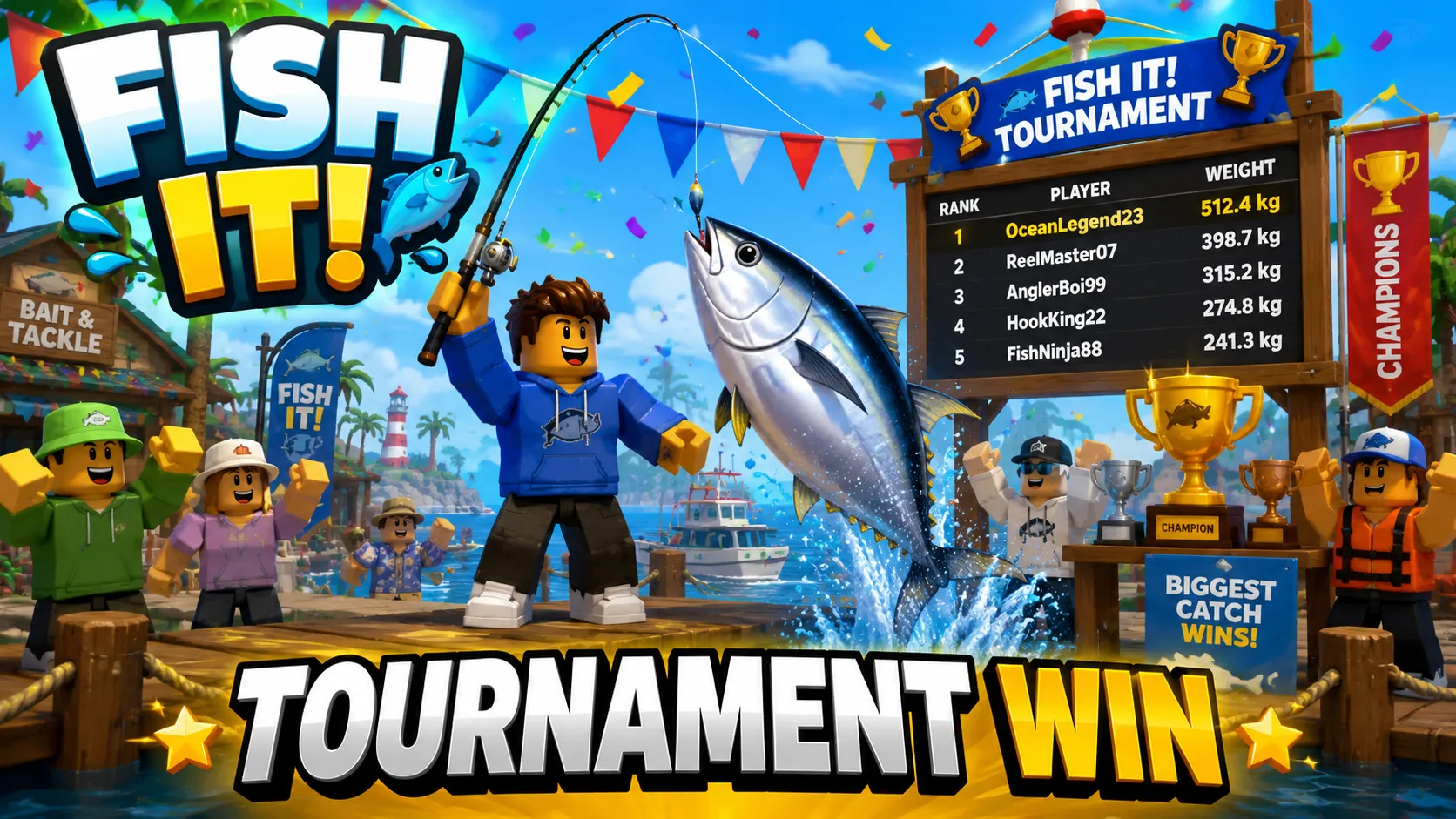 Hình nền Roblox Fish It với nhân vật giành chiến thắng trong giải câu cá trên máy tính