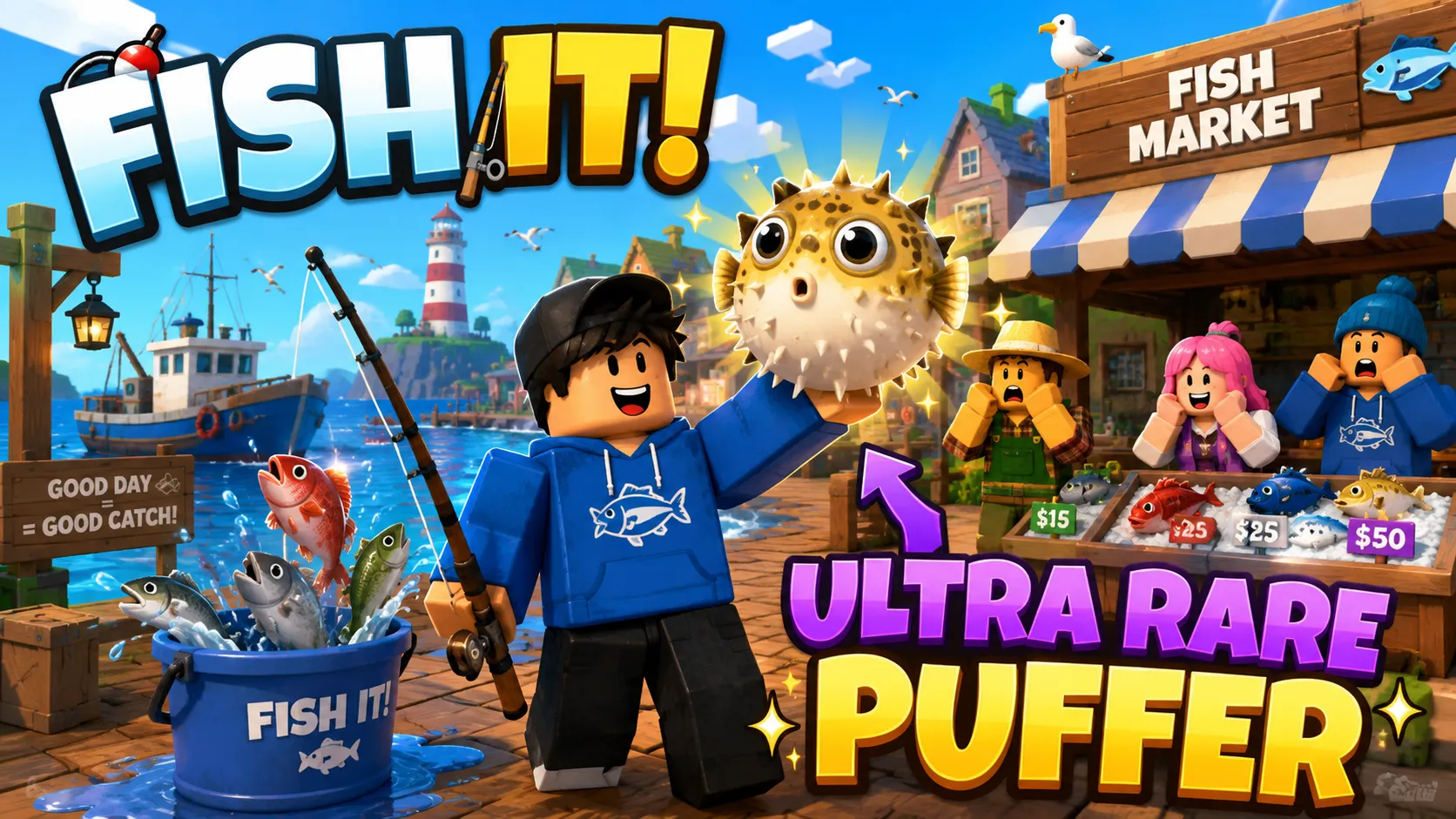 Hình nền Roblox Fish It với nhân vật cầm cá nóc siêu hiếm bên chợ ven biển, khung ngang 1672x941 cho máy tính