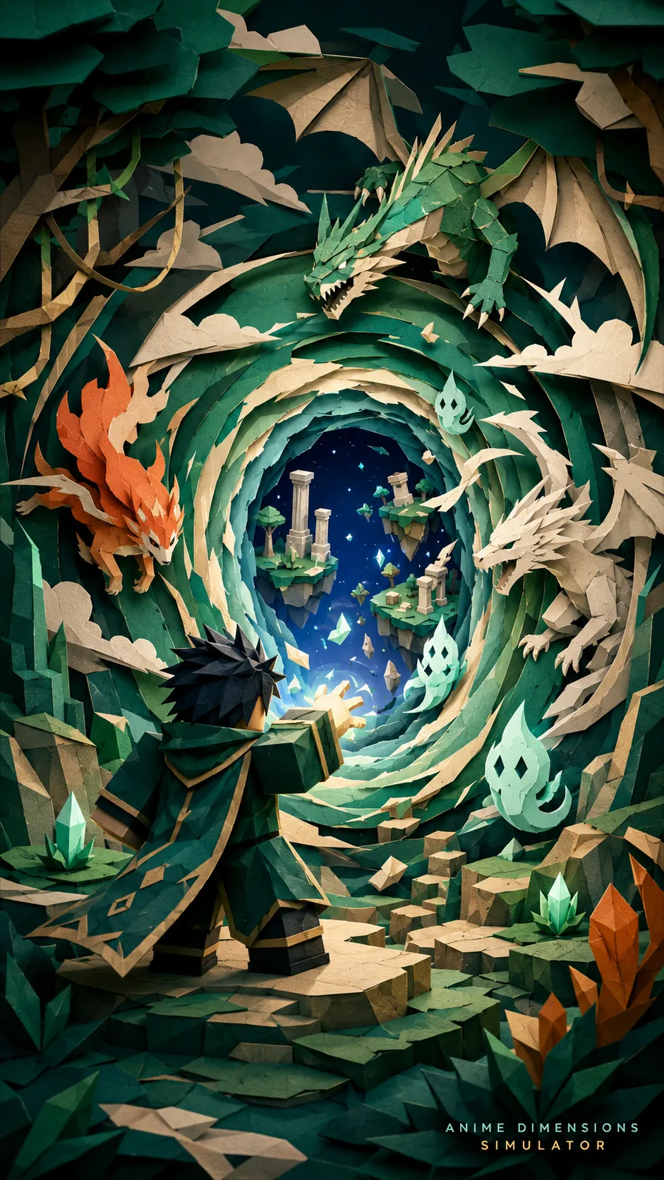 Hình nền dọc Anime Dimensions Simulator với nhà thám hiểm đối mặt rồng trong hang động fantasy