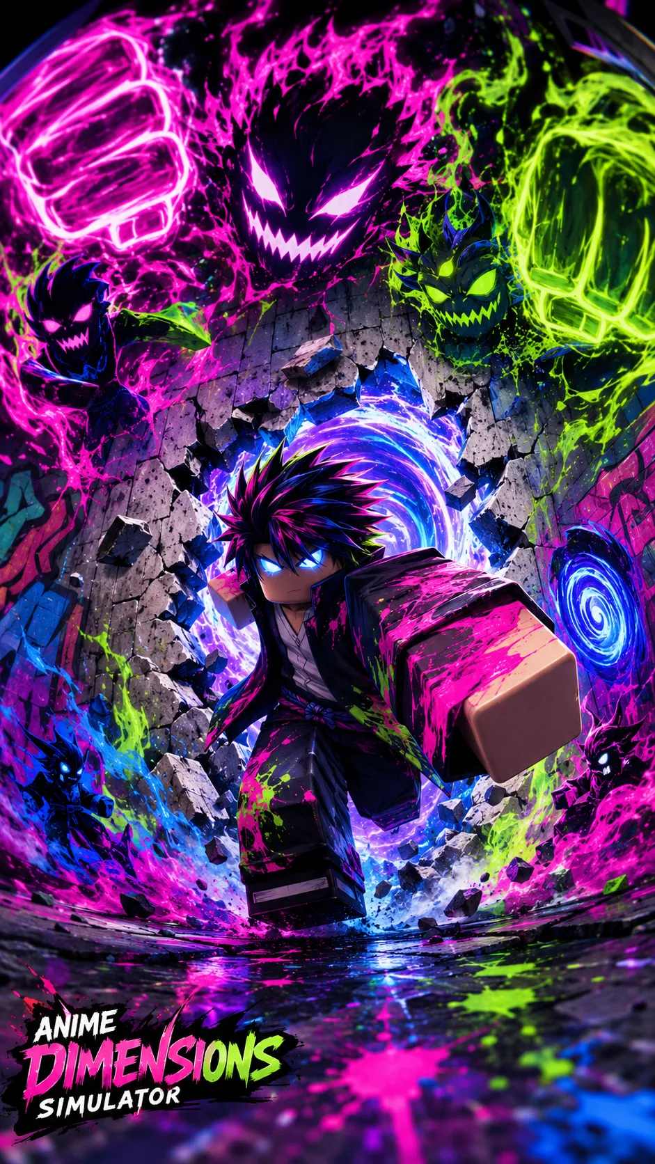 Nhân vật Roblox bước qua cổng năng lượng neon giữa các mảnh đá, hình nền dọc tối ưu cho điện thoại