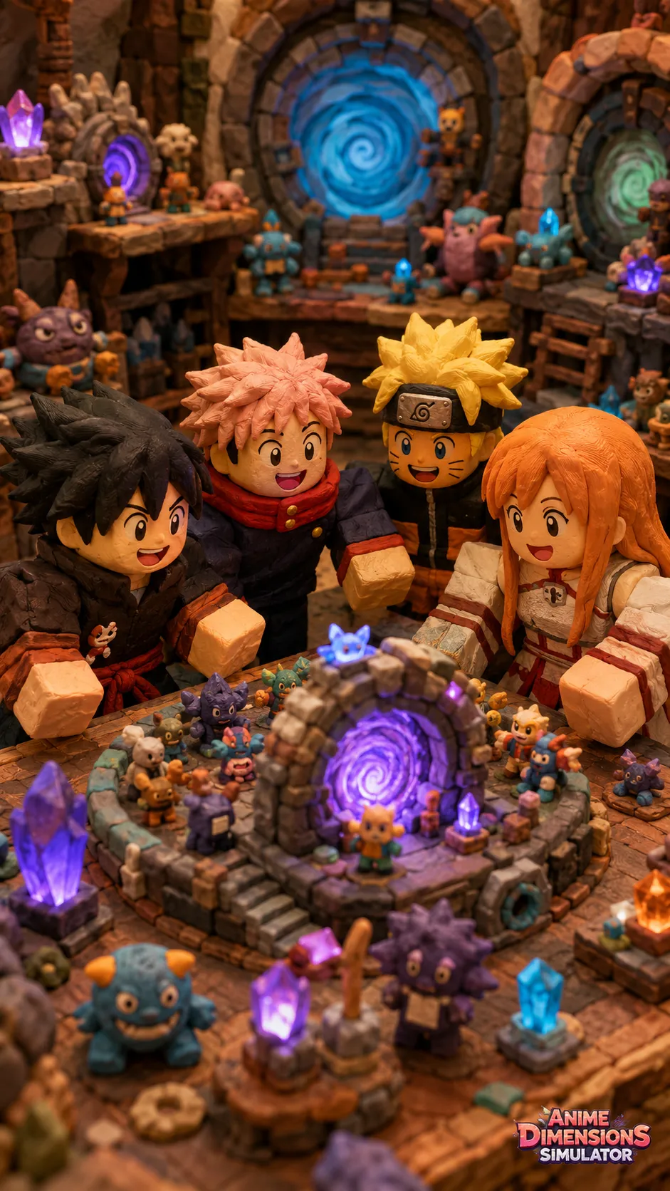 Bốn nhân vật anime Roblox khám phá hầm ngục đầy cổng dịch chuyển và tinh thể phát sáng trên màn hình dọc mobile