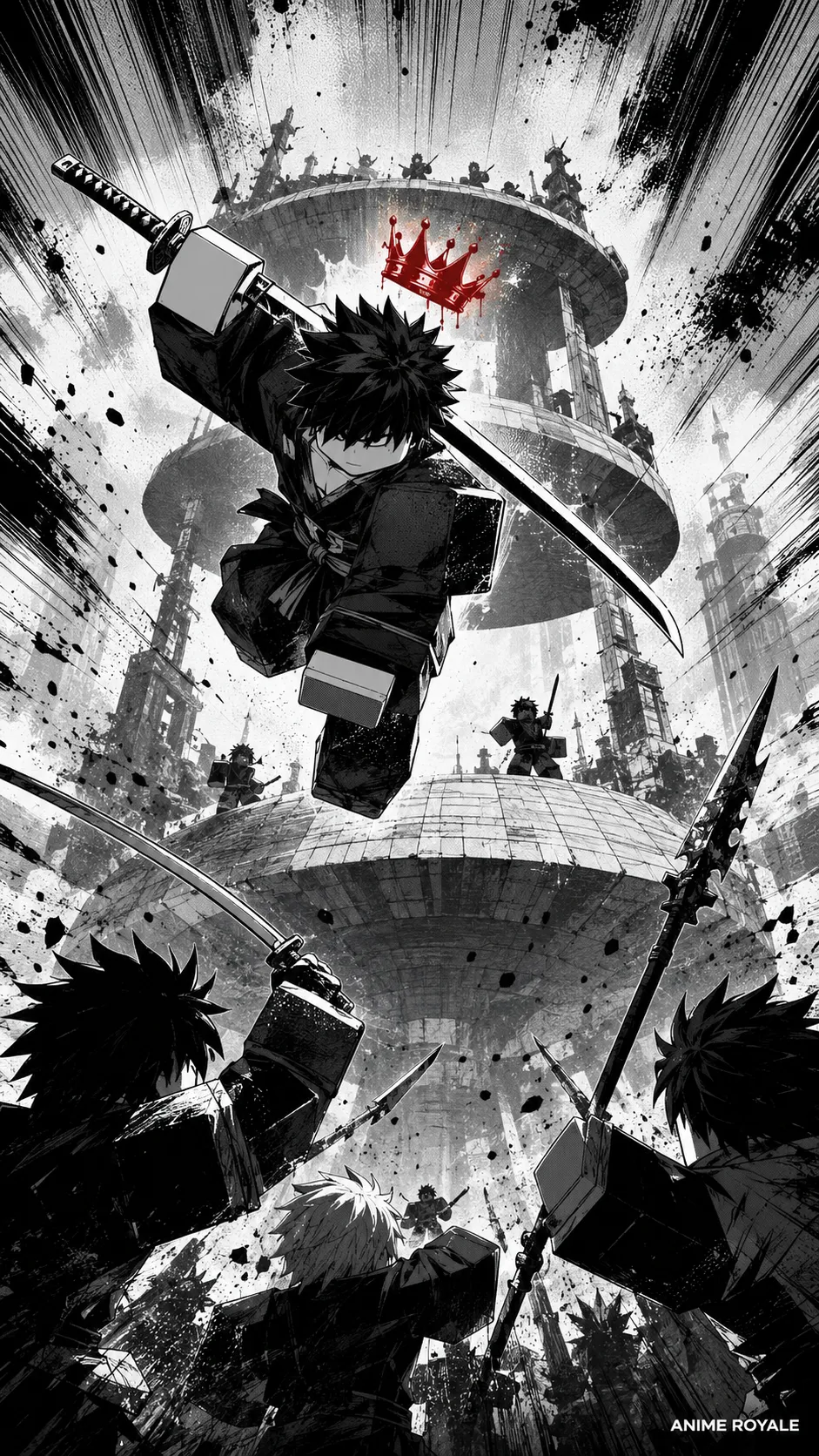 Kiếm sĩ vung katana lao xuống giữa không trung cạnh các tháp tròn nhiều tầng phong cách Anime Royale